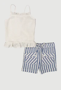 Little Girls Smocked Cami with Striped Shorts, Blue, Size 6X