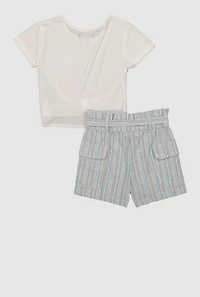 Little Girls Heart Twist Front Tee and Striped Cargo Shorts