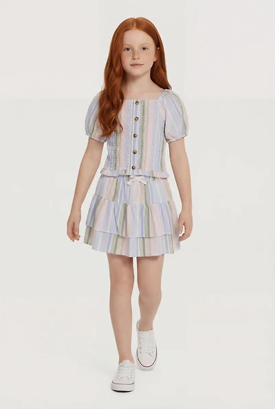 Little Girls Smocked Puff Sleeve Top and Tiered Skirt