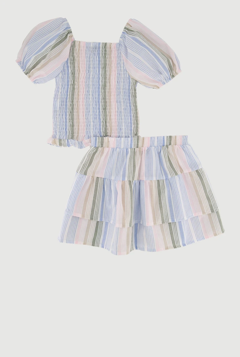 Little Girls Smocked Puff Sleeve Top and Tiered Skirt
