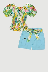 Little Girls Floral Puff Sleeve Smocked Top and Shorts