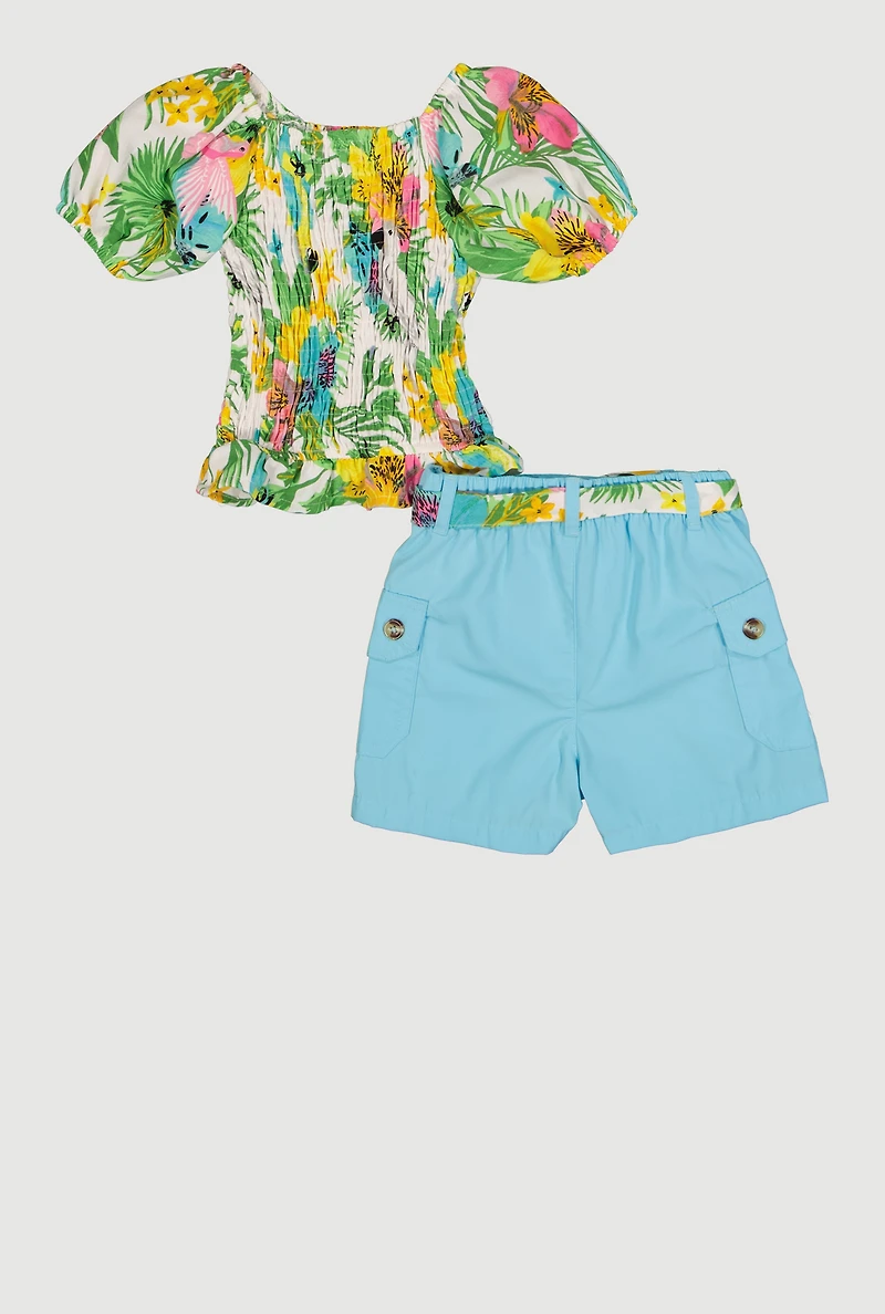 Little Girls Floral Puff Sleeve Smocked Top and Shorts