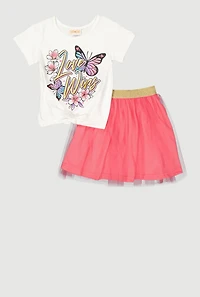 Little Girls Love Wins Butterfly Tee and Tutu Skirt, Pink, Size 4