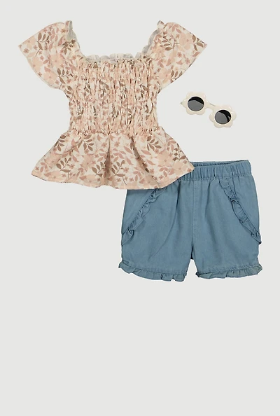 Little Girls Floral Print Smocked Top and Shorts Set