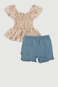 Little Girls Floral Print Smocked Top and Shorts Set, Multi, Size 6X