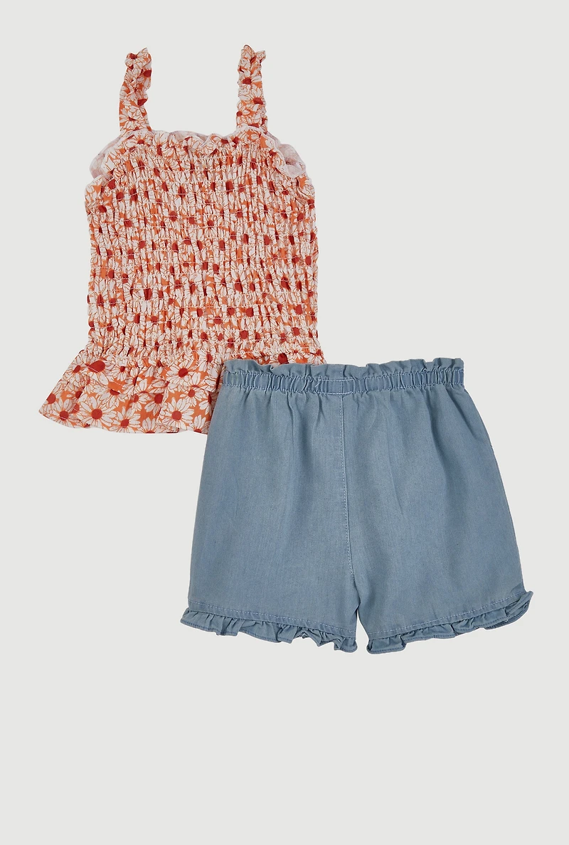 Little Girls Daisy Print Smocked Top and Shorts Set, Multi,