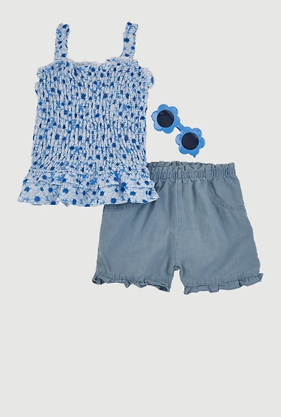 Little Girls Daisy Print Smocked Top and Shorts Set, Blue, Size 4
