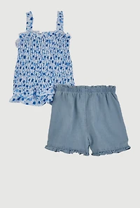 Little Girls Daisy Print Smocked Top and Shorts Set, Blue,