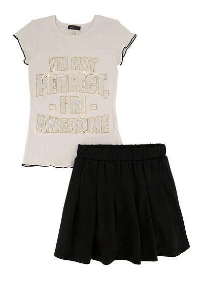 Little Girls Im Not Perfect 3D Graphic Tee and Pleated Skirt, Black, Size 5-6