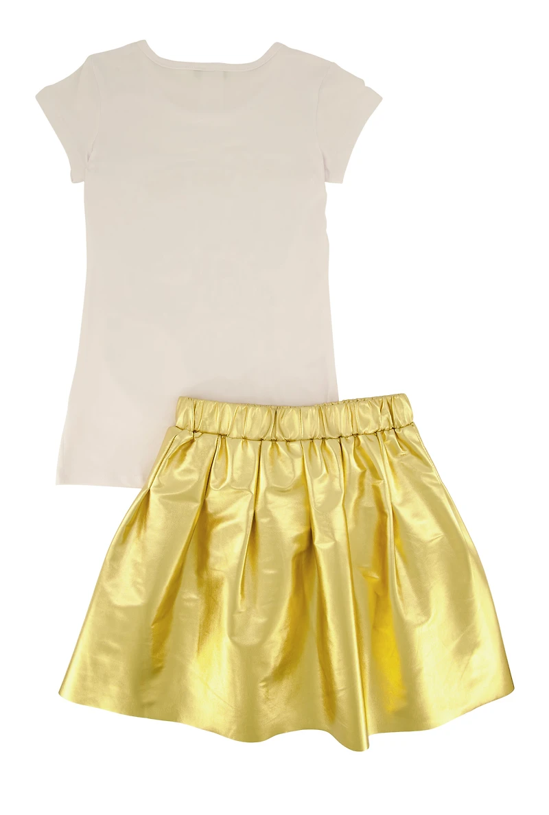 Little Girls Rhinestone Graphic Top and Faux Leather Pleated Skort