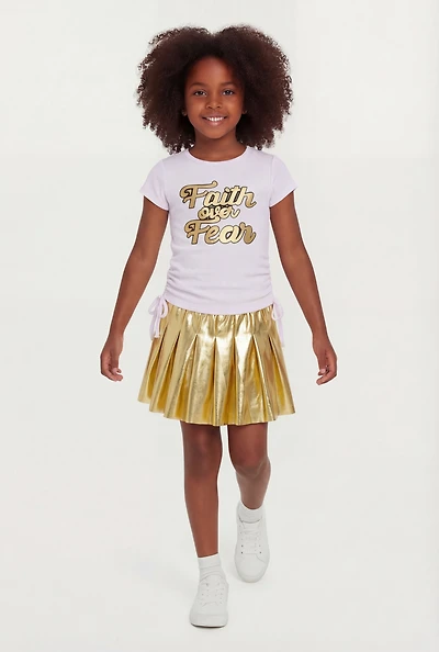 Little Girls Faith Over Fear Graphic Tee and Pleated Skirt