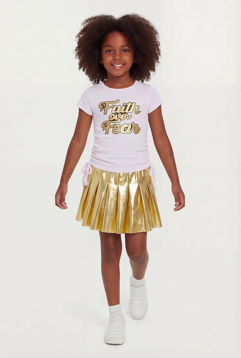 Little Girls Faith Over Fear Graphic Tee and Pleated Skirt