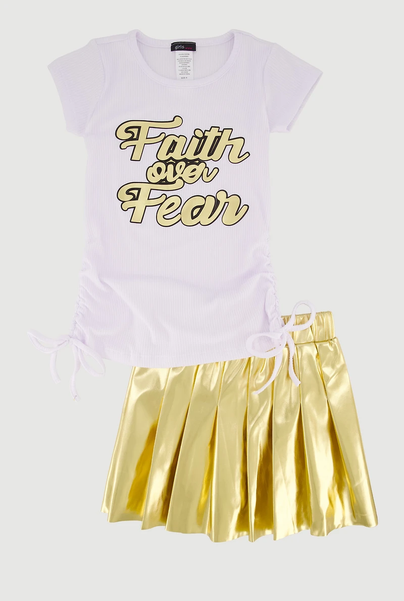 Little Girls Faith Over Fear Graphic Tee and Pleated Skirt