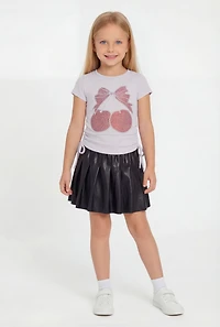 Little Girls Rhinestone Cherry Graphic Tee and Pleated Skirt