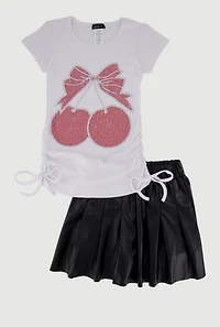 Little Girls Rhinestone Cherry Graphic Tee and Pleated Skirt