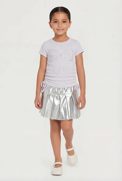 Little Girls Rhinestone Bow Graphic Tee and Pleated Skirt