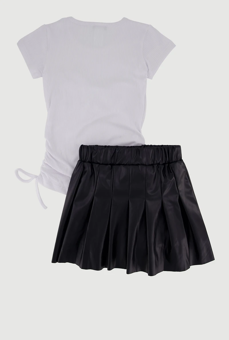 Little Girls Rhinestone Bow Graphic Tee and Pleated Skirt