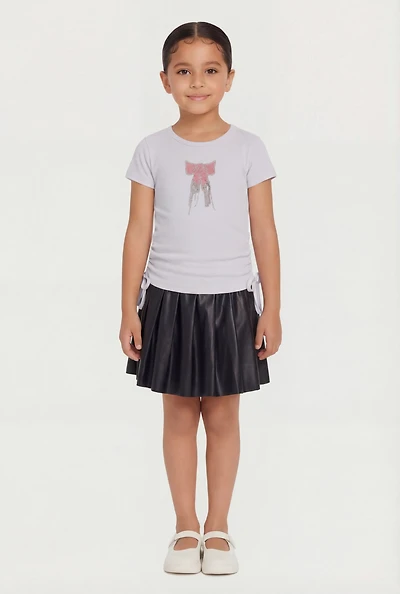 Little Girls Rhinestone Fringe Bow Tee and Pleated Skirt