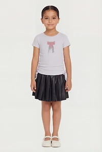 Little Girls Rhinestone Fringe Bow Tee and Pleated Skirt