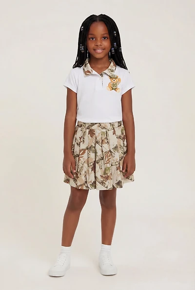 Little Girls Hunter Camo Print Polo Shirt and Pleated Skirt
