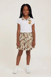 Little Girls Hunter Camo Print Polo Shirt and Pleated Skirt