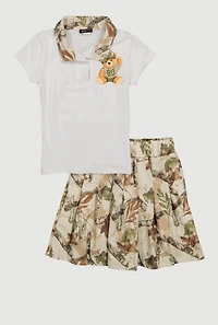 Little Girls Hunter Camo Print Polo Shirt and Pleated Skirt