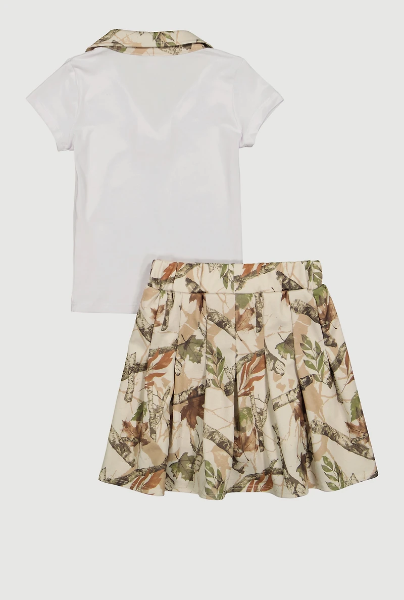Little Girls Hunter Camo Print Polo Shirt and Pleated Skirt