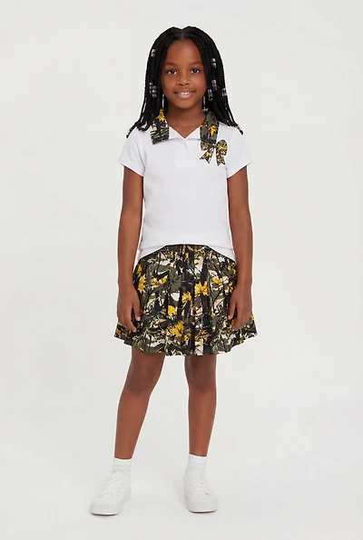 Little Girls Hunter Camo Bow Graphic Tee and Pleated Skirt