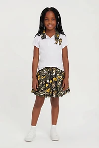 Little Girls Hunter Camo Bow Graphic Tee and Pleated Skirt