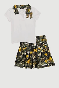 Little Girls Hunter Camo Bow Graphic Tee and Pleated Skirt