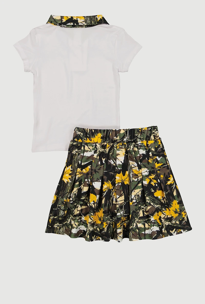 Little Girls Hunter Camo Bow Graphic Tee and Pleated Skirt