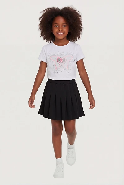 Little Girls Rhinestone Butterfly Graphic Tee and Pleated Skirt