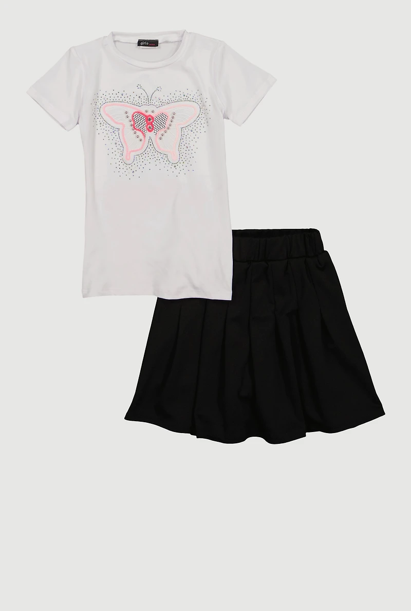Little Girls Rhinestone Butterfly Graphic Tee and Pleated Skirt