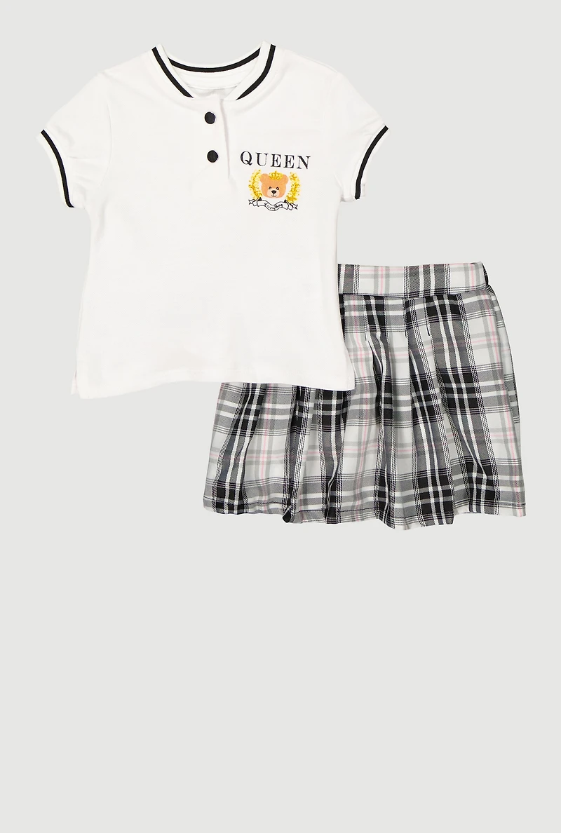 Little Girls Queen Of Everything Graphic Tee and Plaid Skort, Multi,