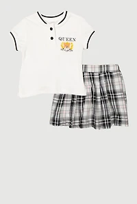 Little Girls Queen Of Everything Graphic Tee and Plaid Skort, Multi,