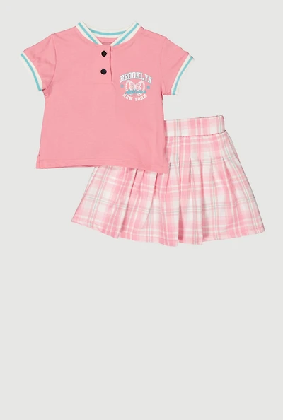 Little Girls Brooklyn New York Graphic Tee and Plaid Skort, Pink, Size 4