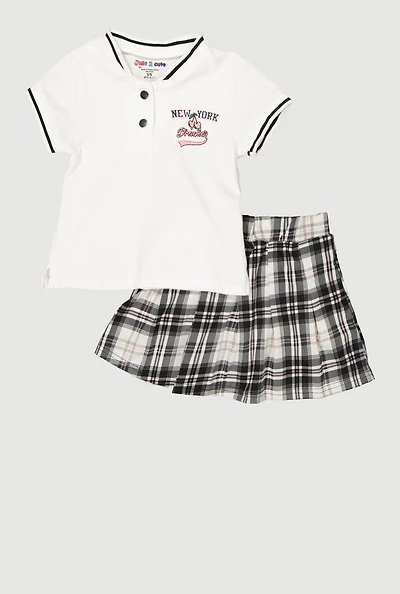 Little Girls New York Dreamer Graphic Henley Top and Plaid Skort