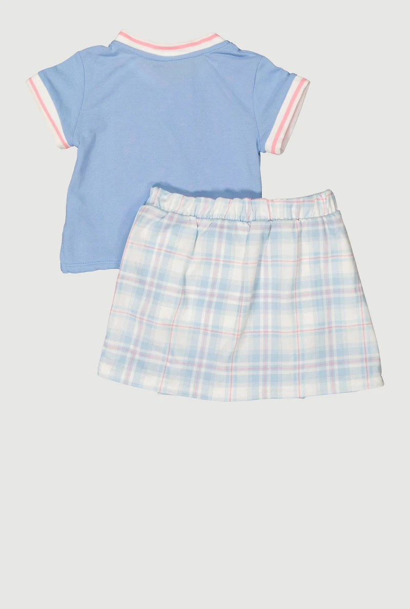 Little Girls Dream Chaser Varsity Polo Shirt and Plaid Skirt, Blue, Size 6X