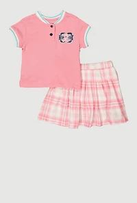 Little Girls New York Graphic Top and Plaid Skort