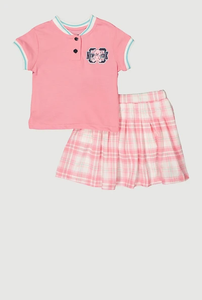 Little Girls New York Graphic Top and Plaid Skort