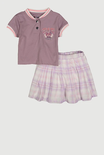 Little Girls Lets Go Graphic Tee and Plaid Skort