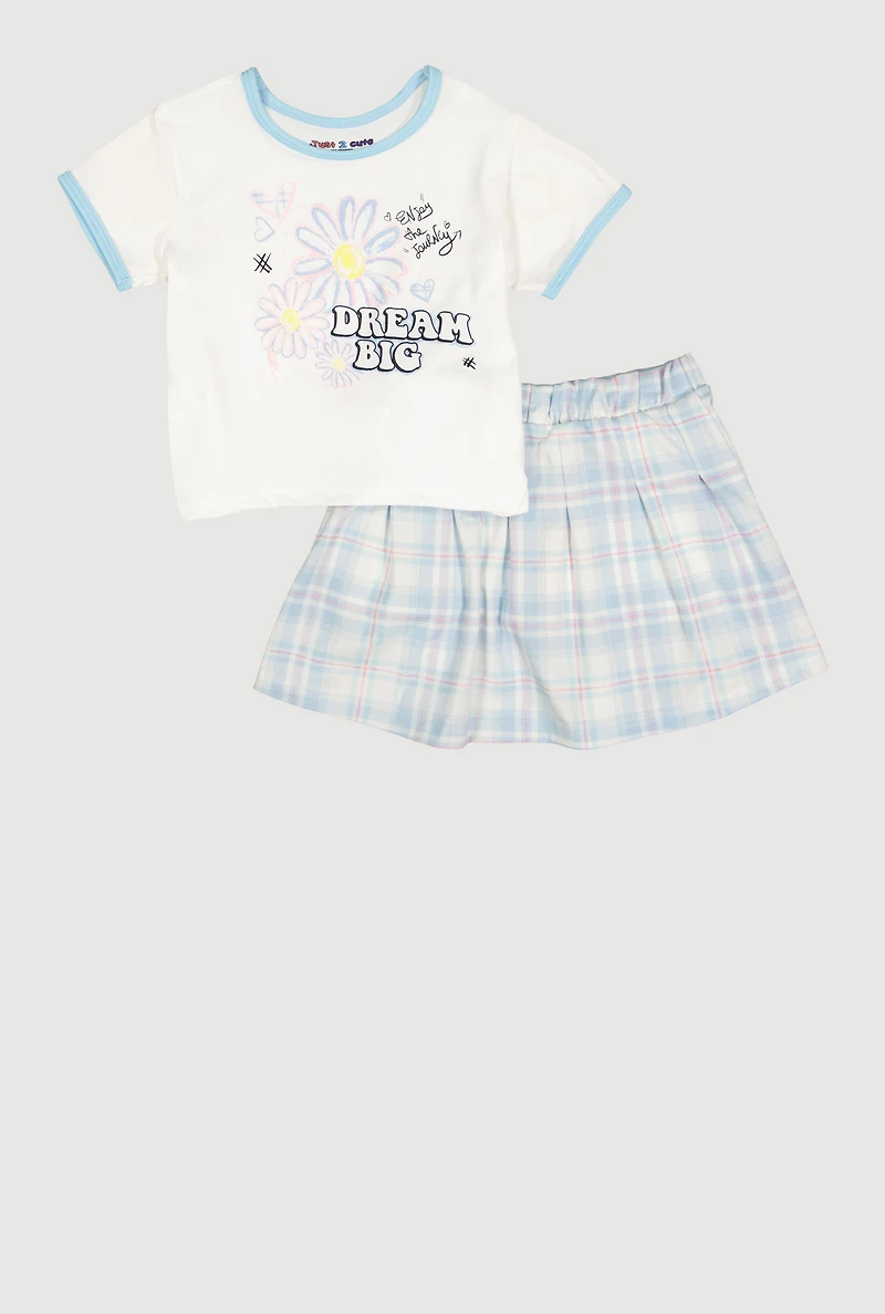 Little Girls Dream Big Graphic Ringer Tee and Plaid Skirt