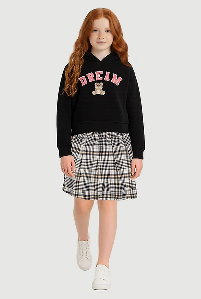 Little Girls Dream Graphic Hoodie and Plaid Pleated Skort