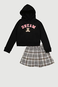 Little Girls Dream Graphic Hoodie and Plaid Pleated Skort