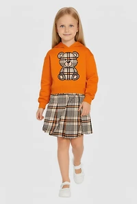Little Girls Plaid Teddy Graphic Hoodie and Pleated Skort