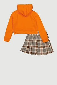 Little Girls Plaid Teddy Graphic Hoodie and Pleated Skort