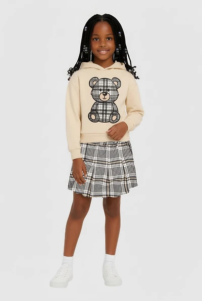 Little Girls Plaid Teddy Graphic Hoodie and Pleated Skort, Beige, Size 4