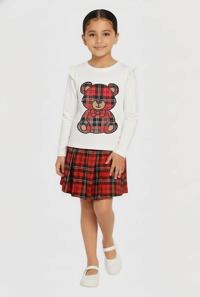 Little Girls Plaid Teddy Graphic Tee and Pleated Skort