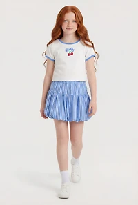 Girls Cherry Graphic Striped Drop Waist Bubble Hem Skort
