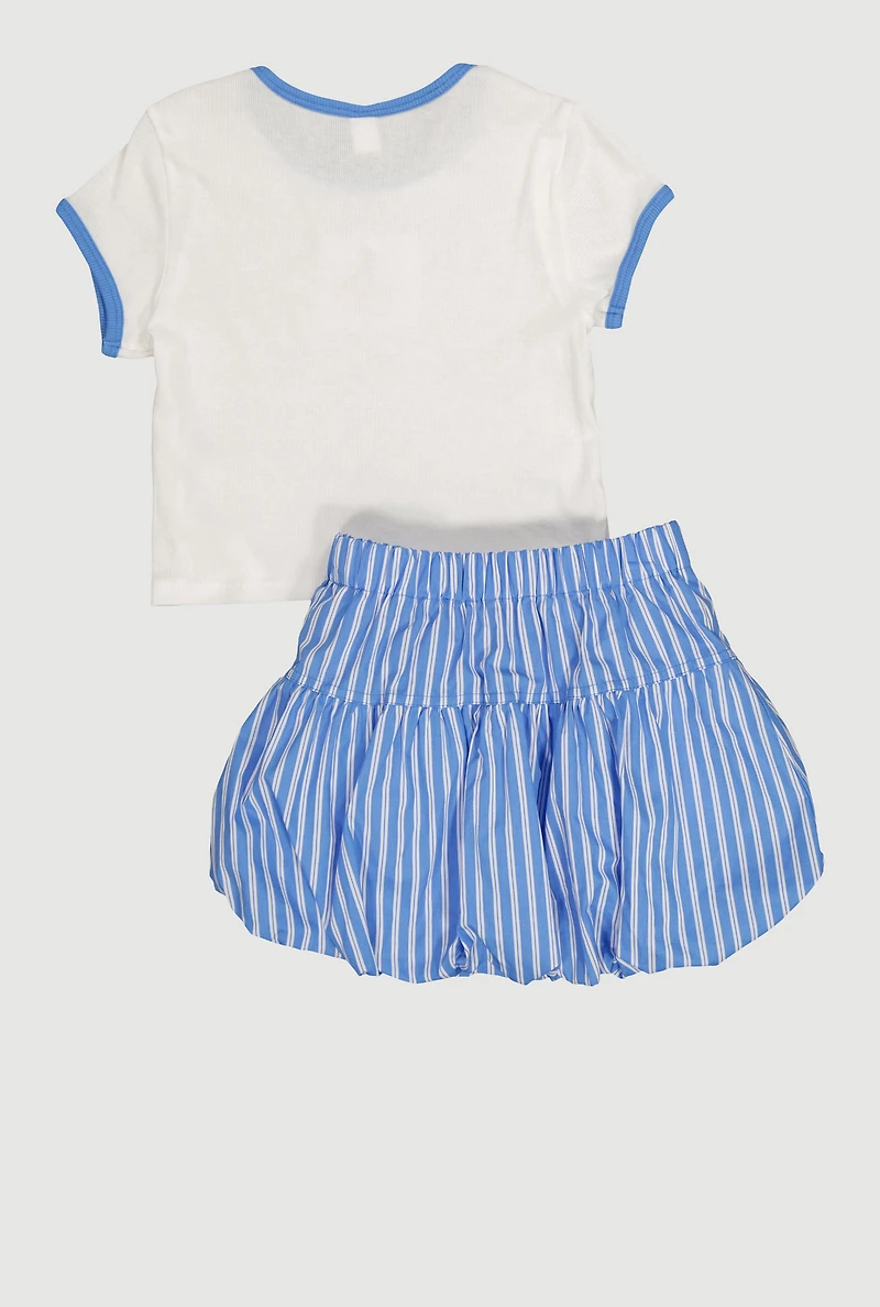 Girls Cherry Graphic Striped Drop Waist Bubble Hem Skort